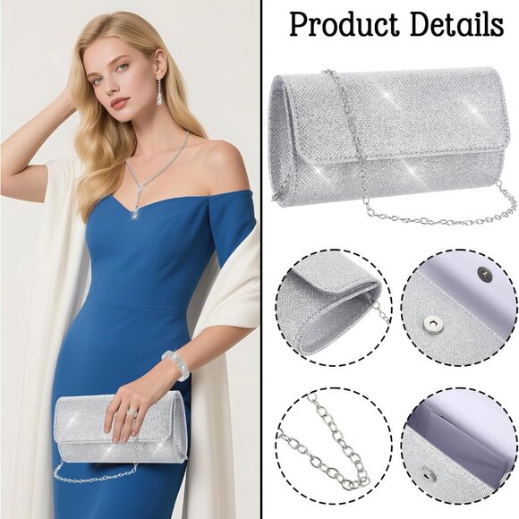 Elegant Silver Clutch Purse and Rhinestone Jewelry Set for Women - Bridal Prom W - Picture 2 of 7